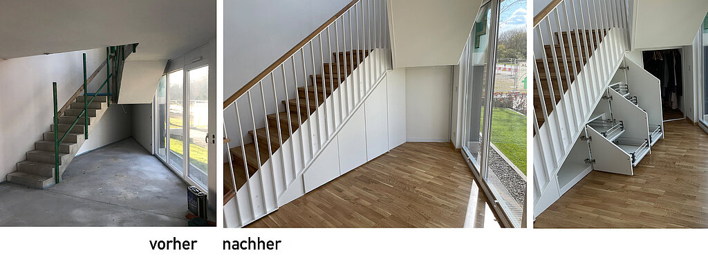 Eng, dunkel, verwinkelt: hier kommen vorgefertigte Schränke ganz klar an ihre Grenzen. Durch die Kombination von Dreh- und Schiebetüren wurde der Platz unter der Treppe optimal genutzt. Nun können hier Schuhe und Jacken verstaut werden!