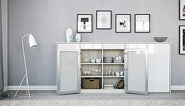 Modernes Sideboard nach Maß mit Türenfronten aus weißem Glas