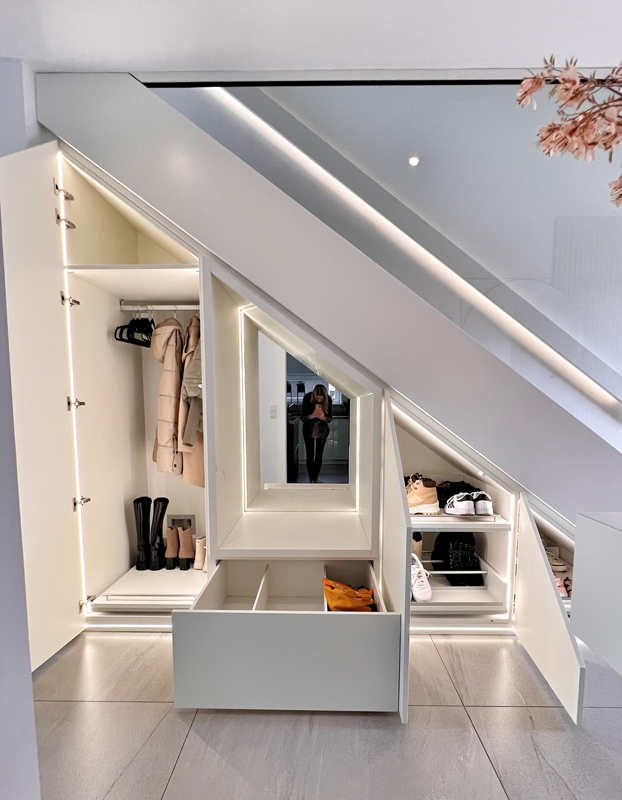 Weißer Schrank unter Treppe mit integriertem Spiegel